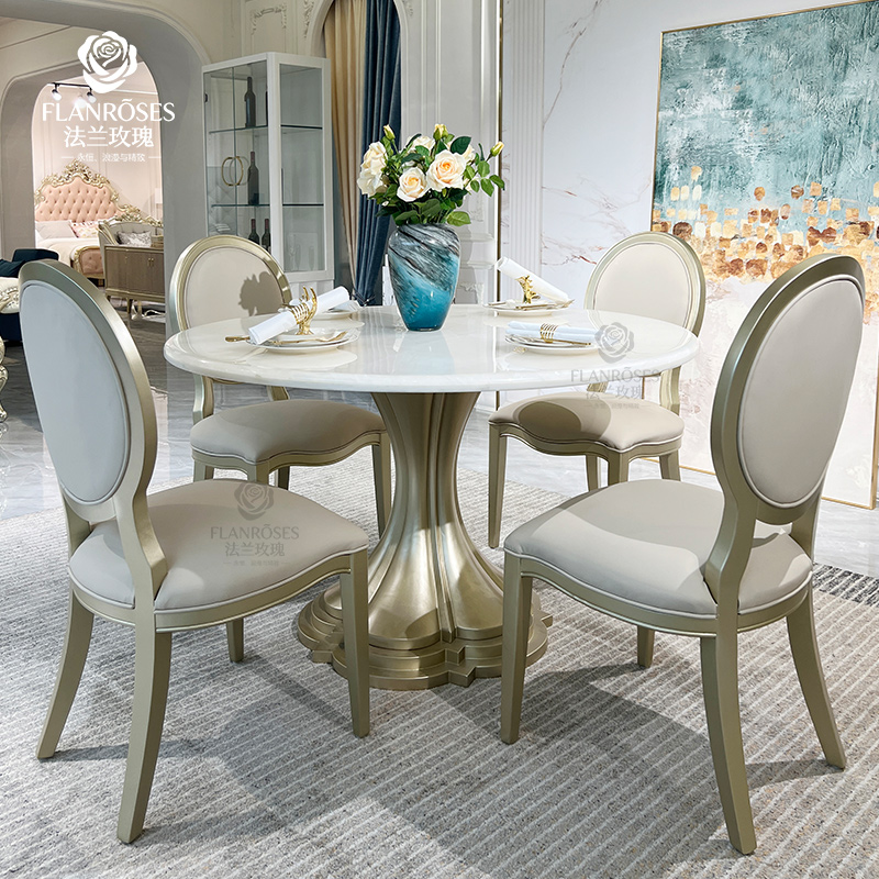 高档美式轻奢天然大理石圆餐桌实木法式别墅家用餐厅家具吃饭桌子