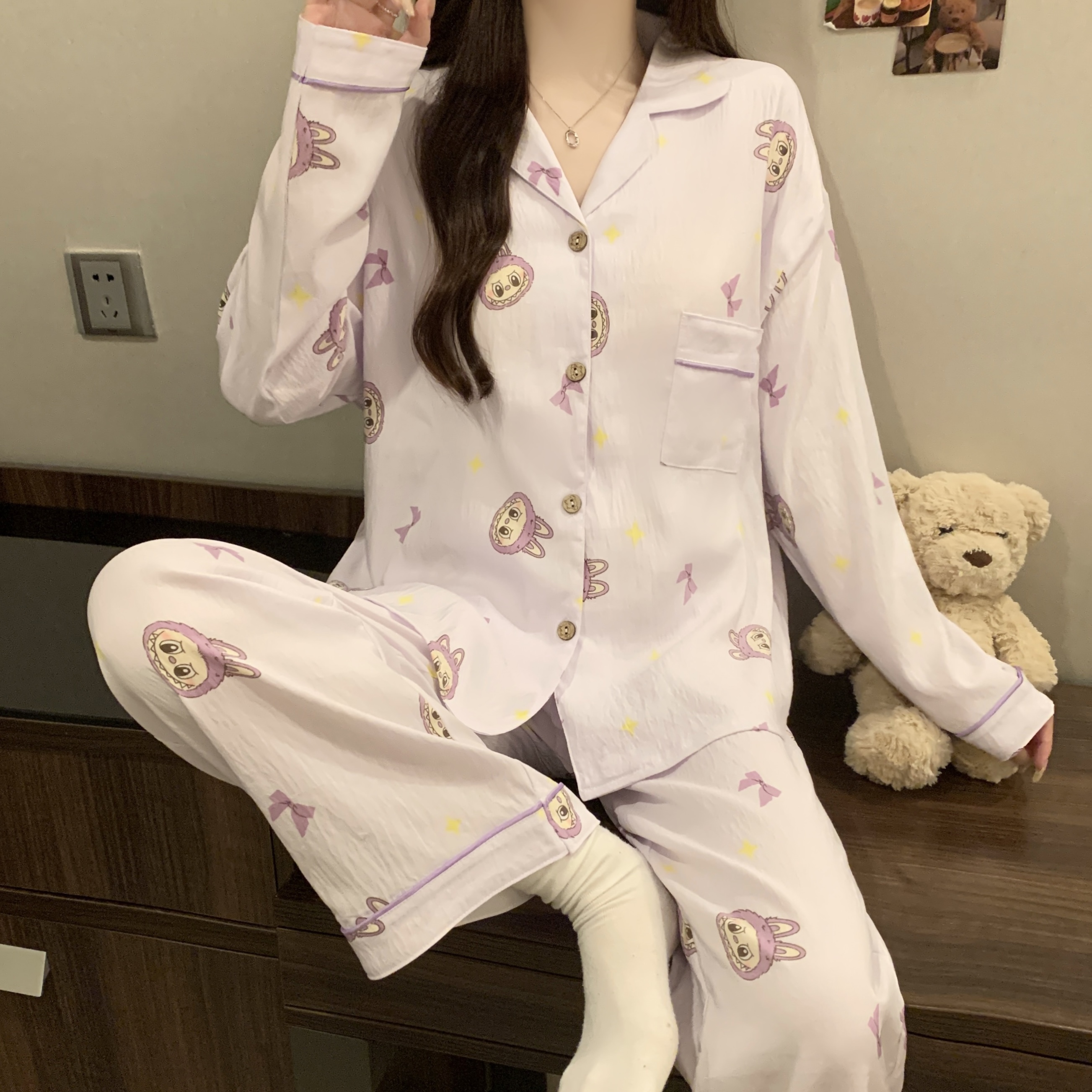 歌魅蓝秋季新款长袖长裤睡衣女舒适春秋季甜美可爱卡通家居服套装