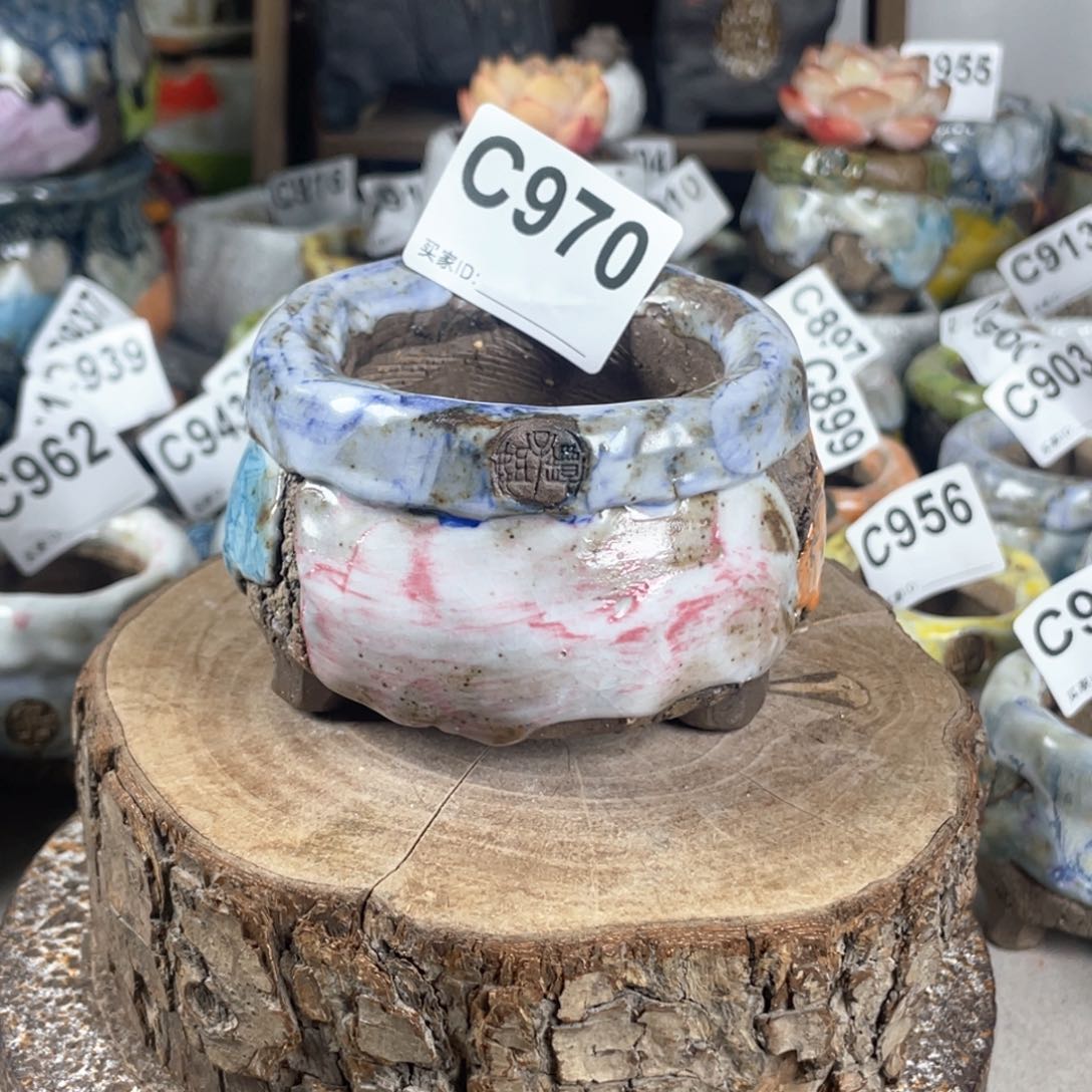 紫砂花盆孤品不规则油画山石小地雷 内口6