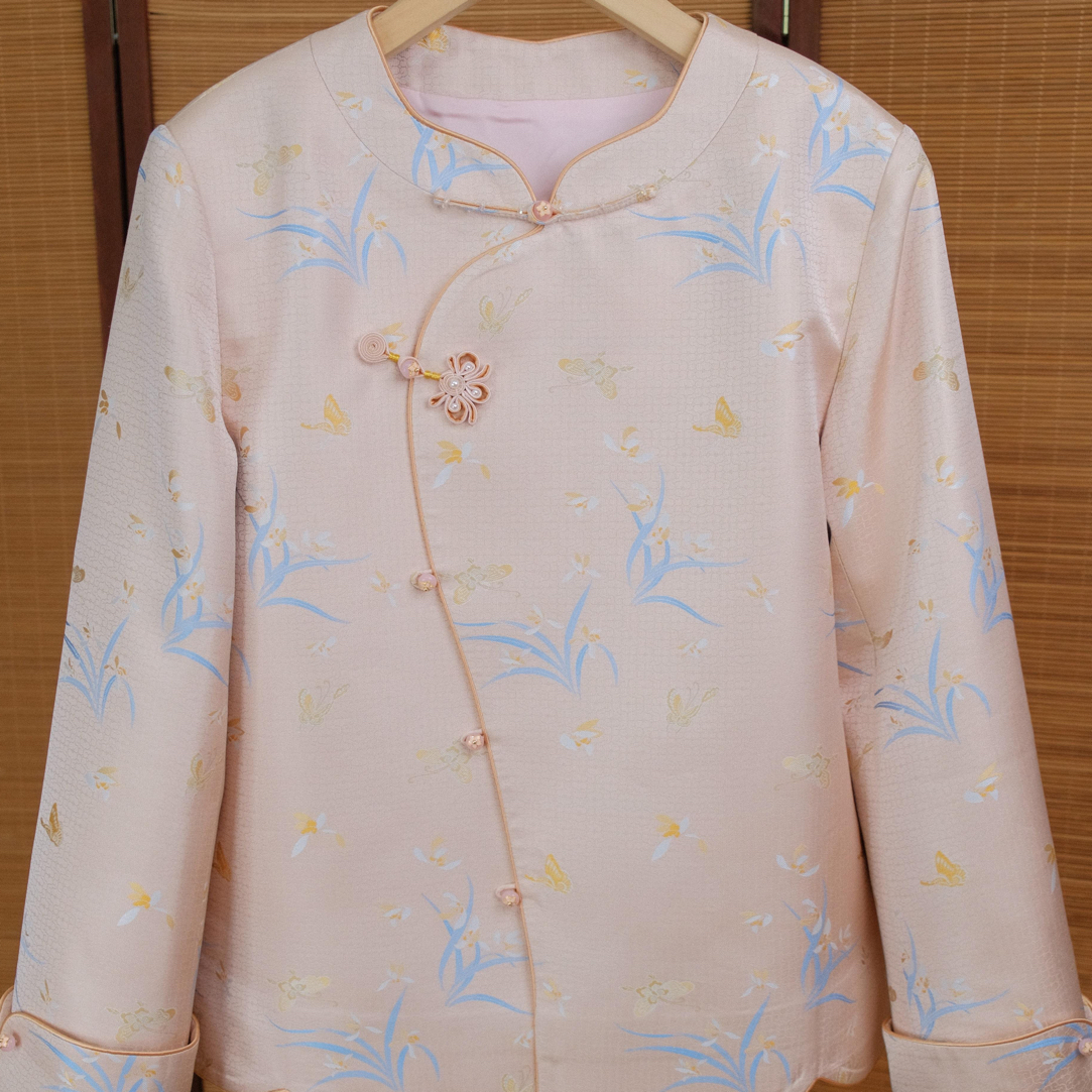 【高定重工系列】陆美英正品粉色蝶谷幽兰气质温柔新中式宋锦外套