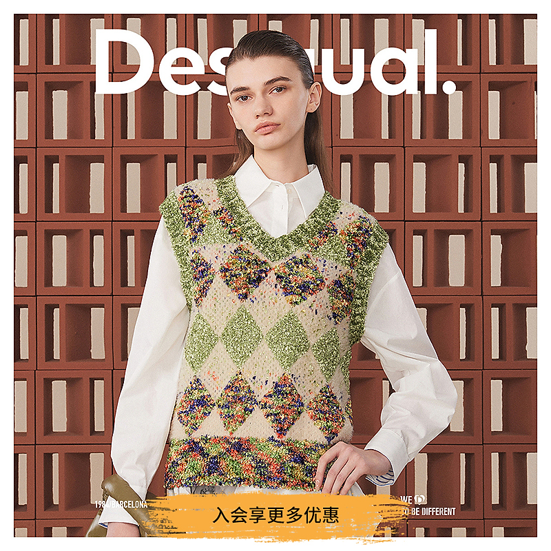 24秋冬彩色花纱格纹V领无袖背心女式针织衫