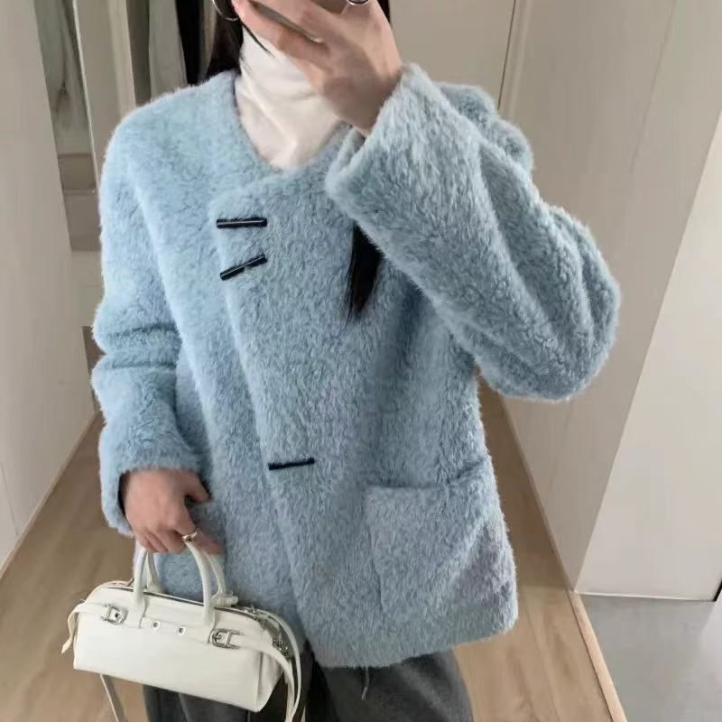 9870冬季新款时尚韩版单排扣斜襟毛绒外套女加厚保暖百搭皮毛一体