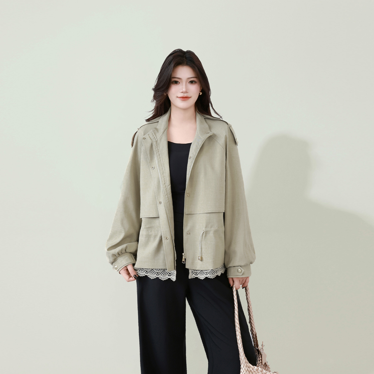 【画秋】蛋妹大码女装微胖mm秋季经典小立领显瘦外套DM30747