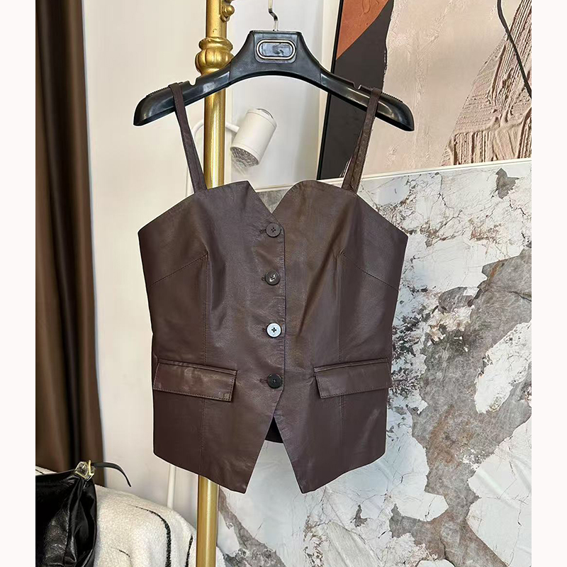 不规则小V领内搭外穿绵羊皮植鞣小羊皮吊带背心小衫马甲