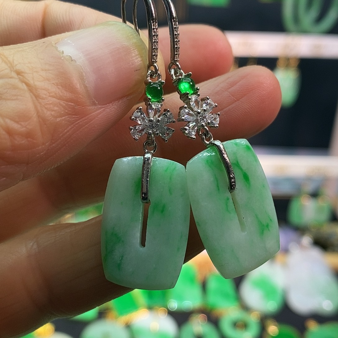 健***业翡翠银S925镀金镶嵌耳饰耳饰