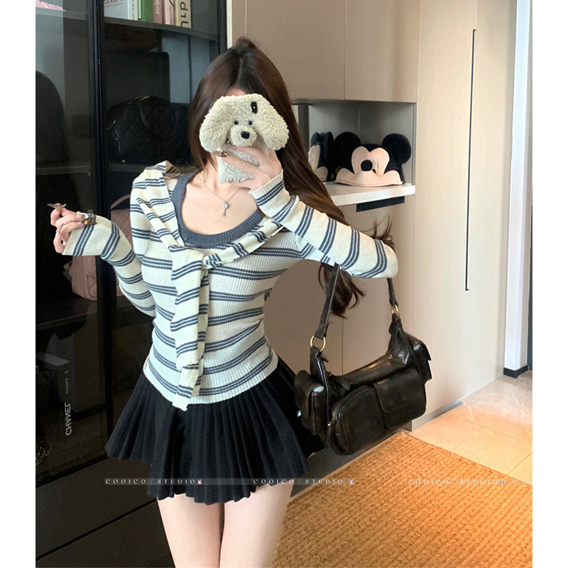秋季气质韩版休闲条纹披肩针织上衣长袖针织衫紧身显瘦短款叠穿