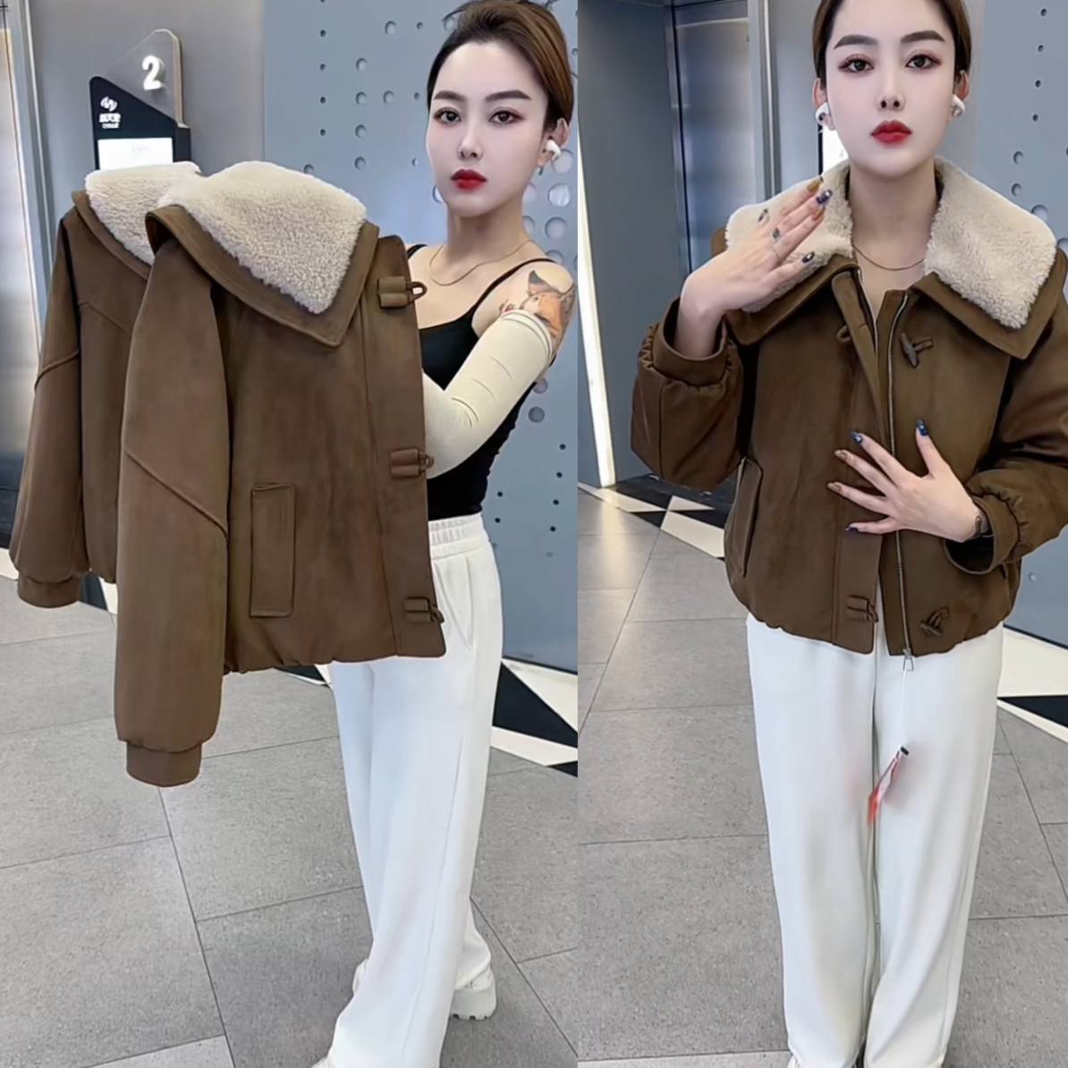 冬季新款韩版大翻领加棉加厚牛角扣外套女保暖减龄百搭上衣网红