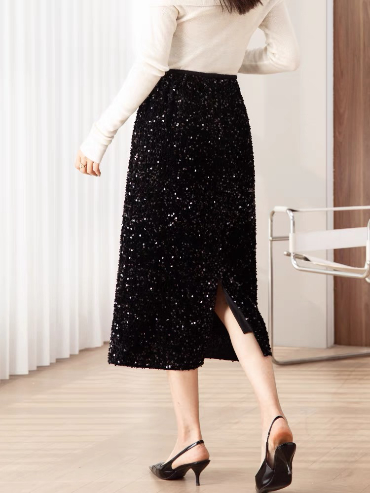 亮片裙女秋冬新款包臀裙后开叉一步裙韩版时尚半身裙中长款直筒裙
