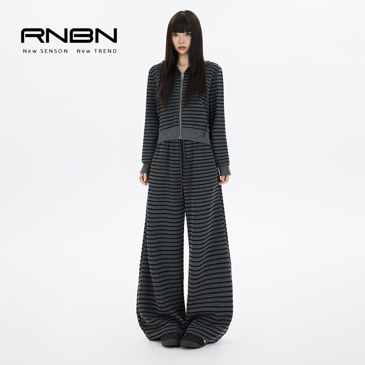 RNBN新款气质日常通勤宽松慵懒风时尚条纹卫衣套装