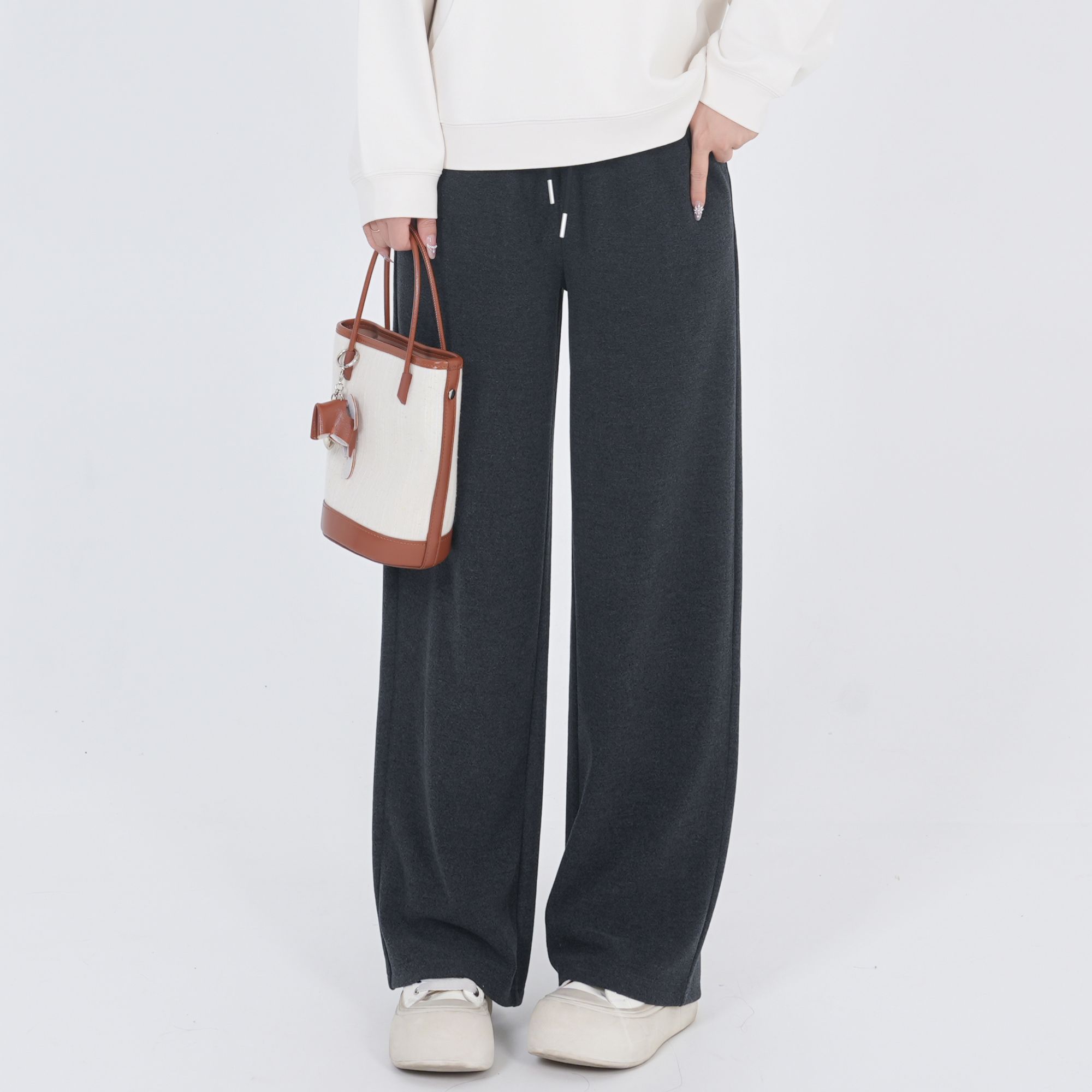 小个子圆圆2582糯米暖绒裤系带松紧腰休闲运动直筒裤百搭显瘦女