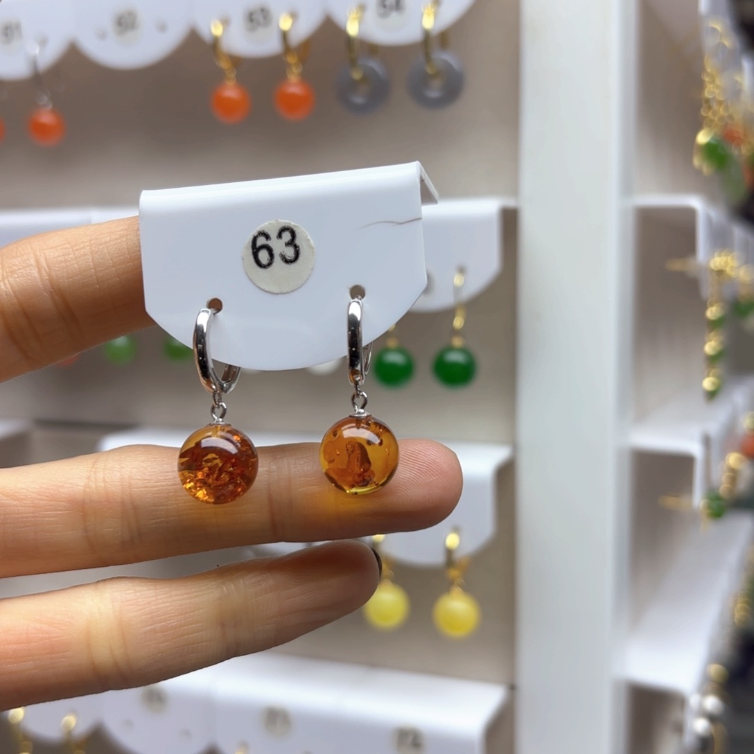 琥珀耳饰银S925镶嵌花珀