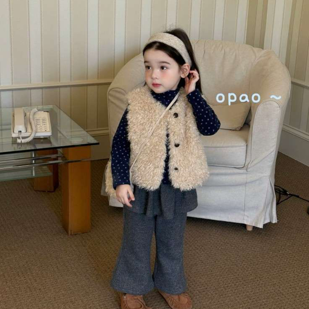 Opao 25年秋冬碎花打底衫女童毛毛马甲屁帘加绒喇叭裤新潮风冬装