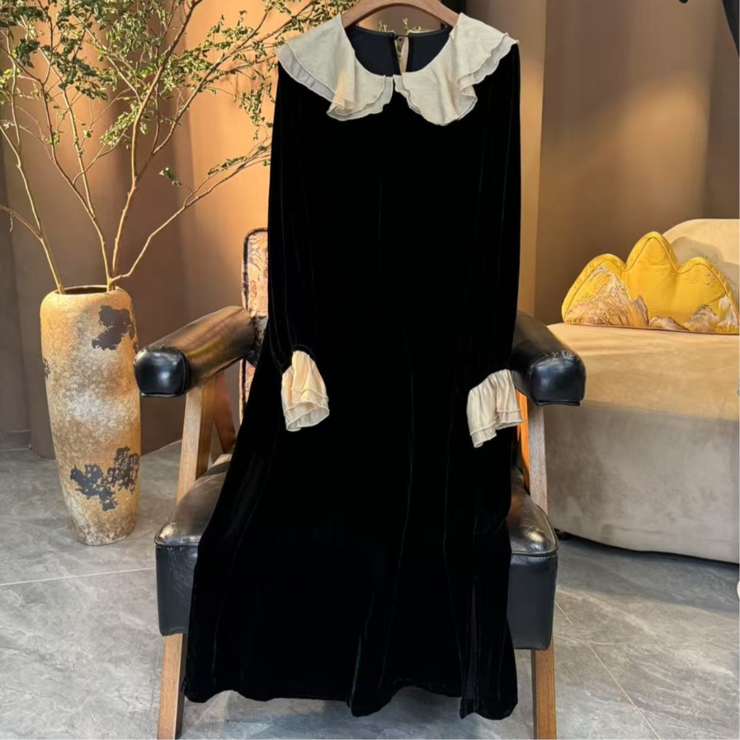 QNH-真丝绒娃娃领法式荷叶边连衣裙