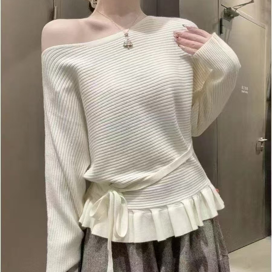 麦寻专柜韩系温柔风荷叶边系带收腰针织衫女士新款百搭气质上衣