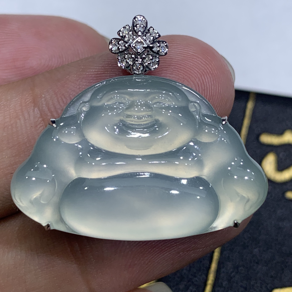 缅甸天然A货翡翠18k金钻镶嵌冰种佛公吊坠