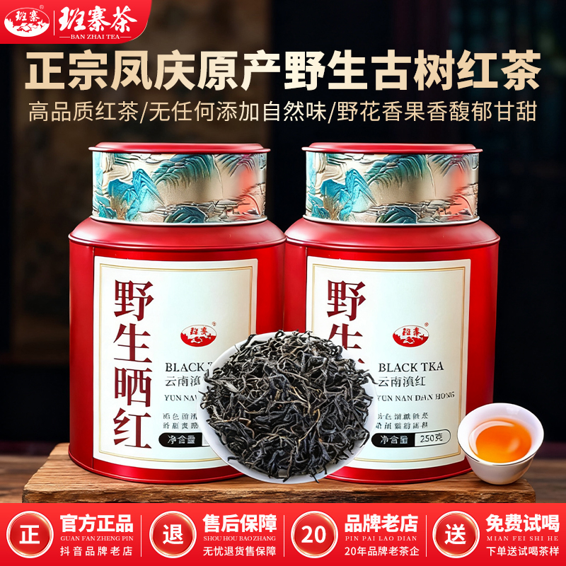 班寨茶 云南滇红茶野生晒红古树茶头春鲜叶礼盒罐装250克晒红茶叶