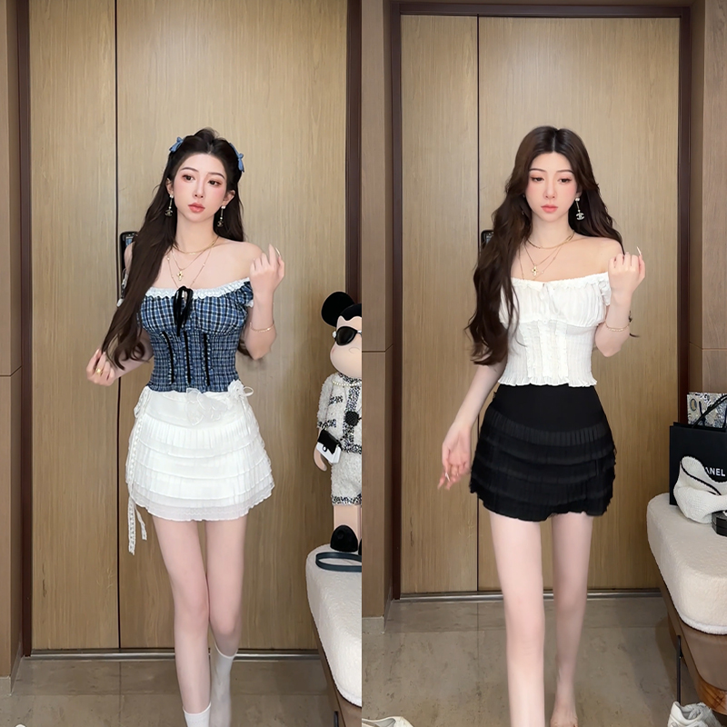 小雨姐姐新款【甜心朵拉】时尚甜美风U领无袖撞色花边修身条纹上衣