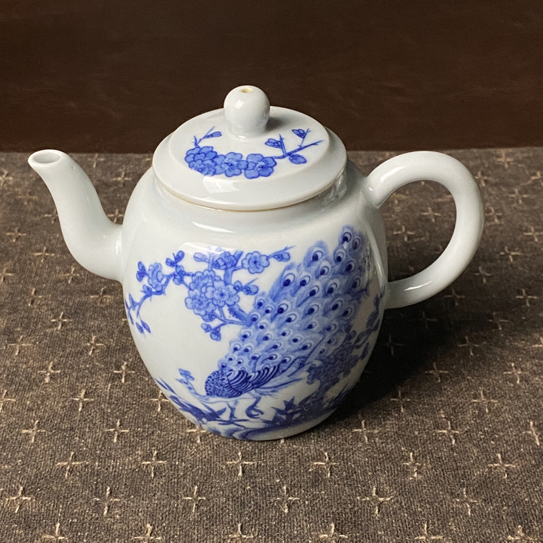仿明清官窑 青花牡丹孔雀壶 盖碗非遗传承人 振鹭堂