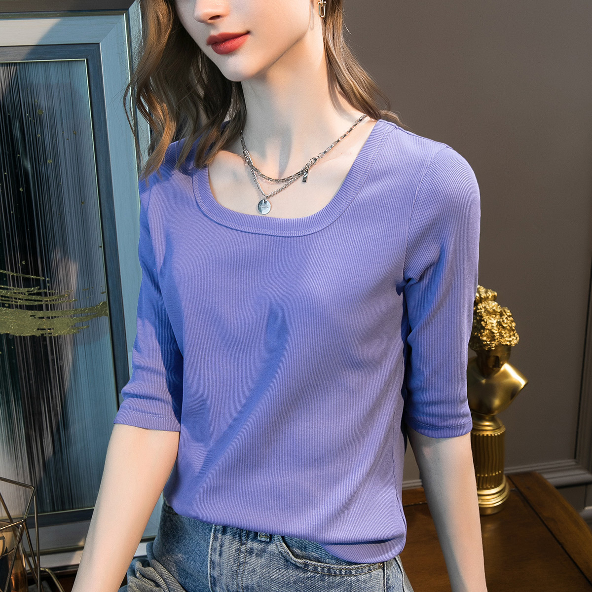 白色五分袖t恤女新疆棉内搭2025年新款夏u领半袖宽松中袖打底衫