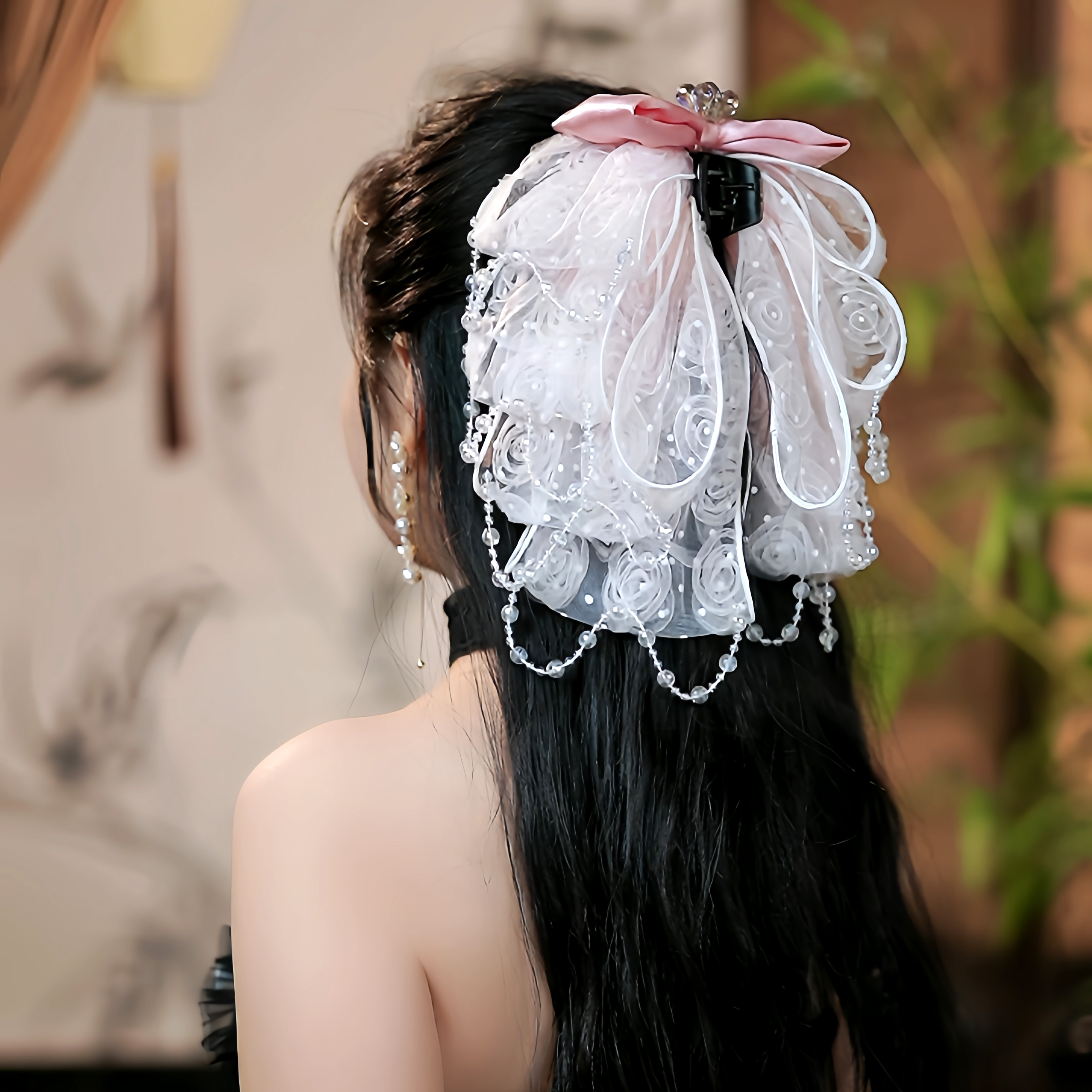 （旖旎玫瑰）蕾丝玫瑰蝴蝶结人鱼姬马尾抓夹 网红优雅百搭头饰发夹