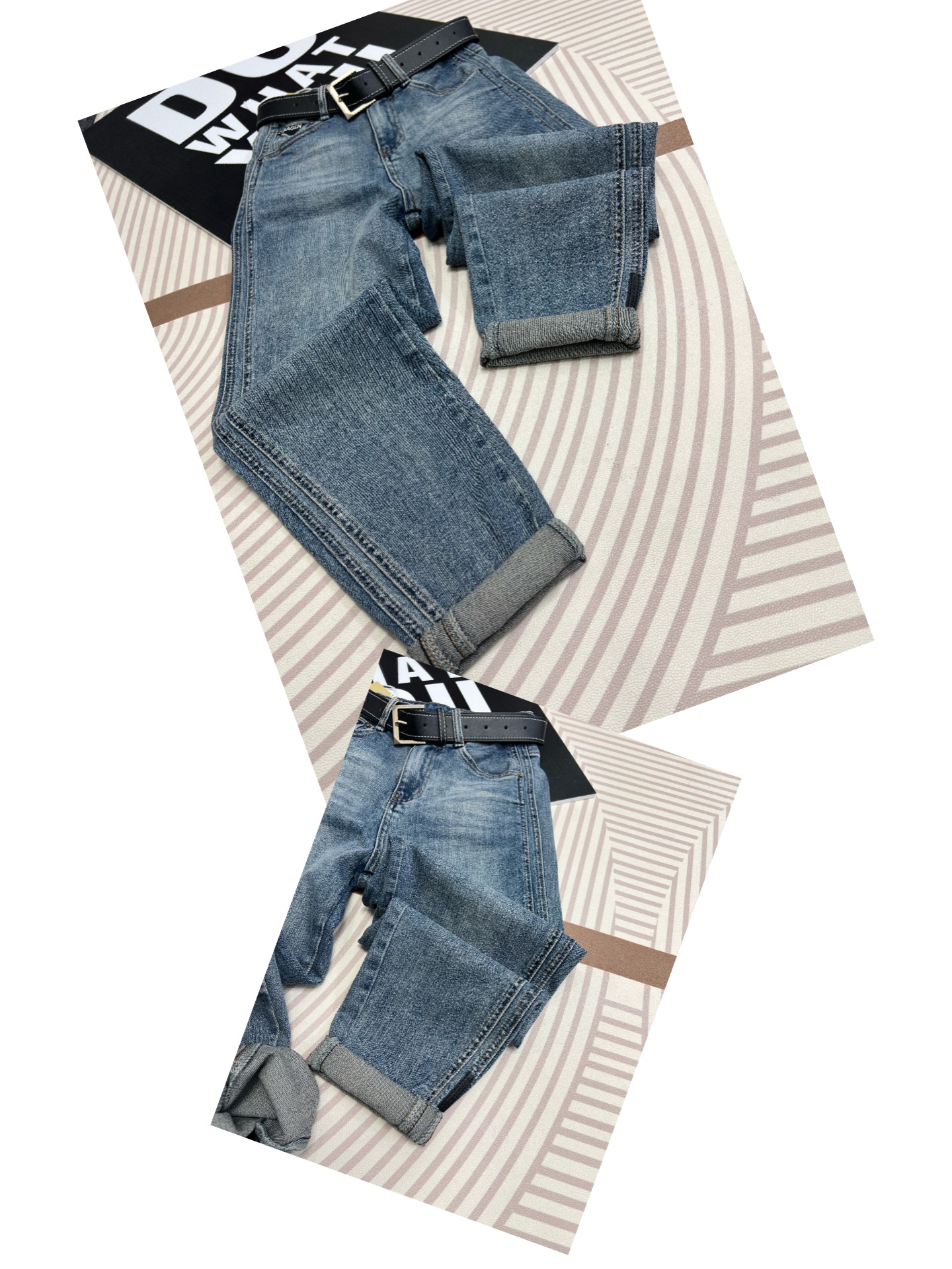 9A1359-L弹力显瘦拼接段剪老爹裤