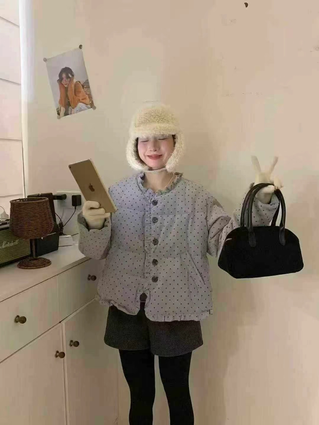 2025秋冬圆领女保暖拼接短款棉衣黑色棉服波点套装小香风纯色