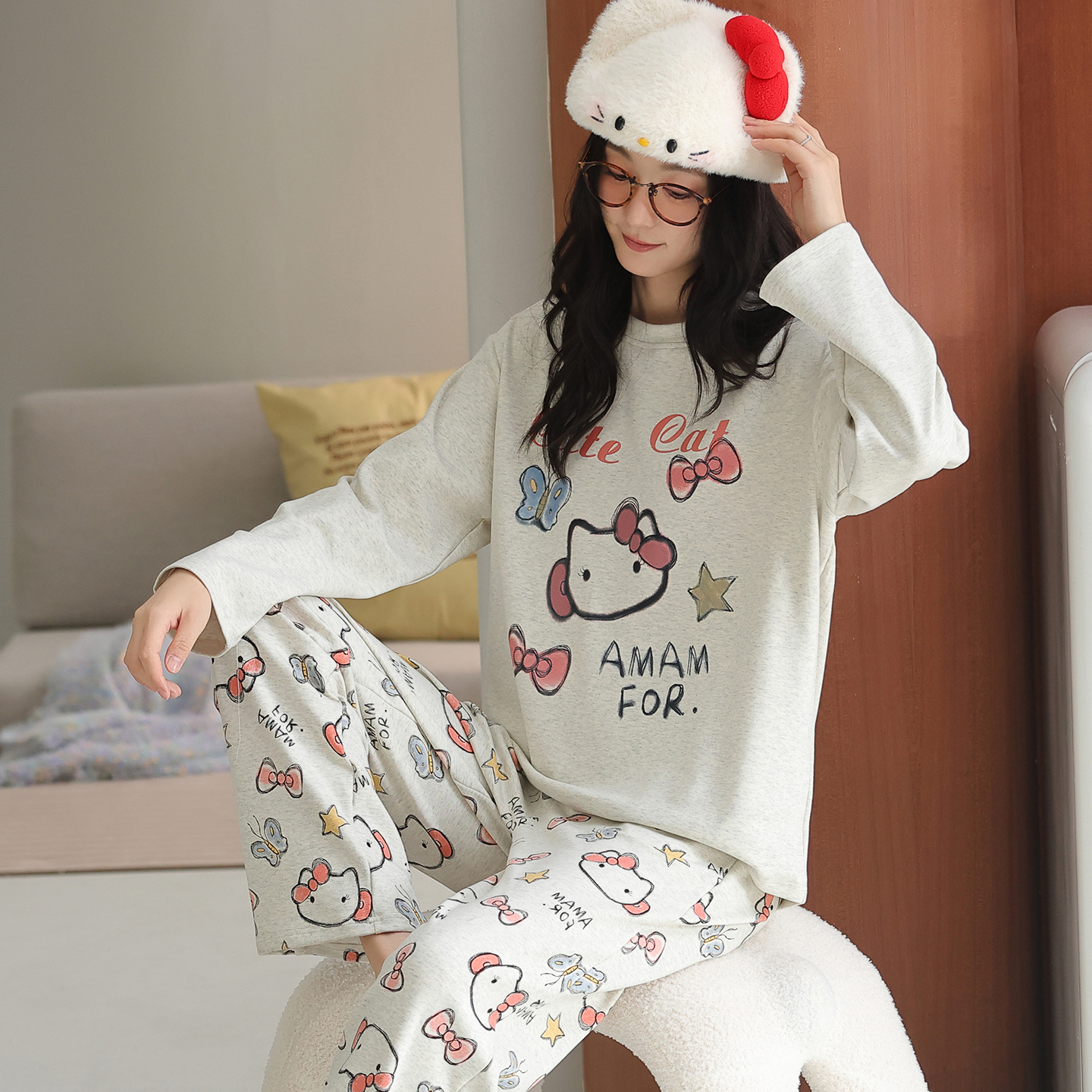  卡之恋睡衣女春秋季新款长袖纯棉粉kt猫卡通减龄萌趣家居服