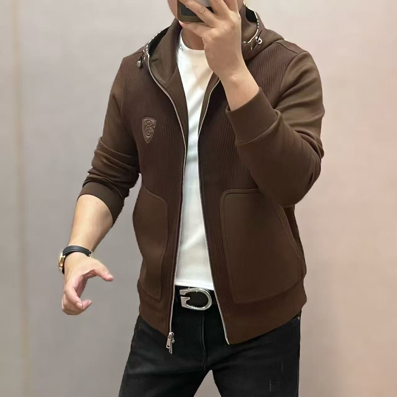 【欧陆男装】QC早秋高端男士时尚针织拼接连帽拉链卫衣夹克秋季外套