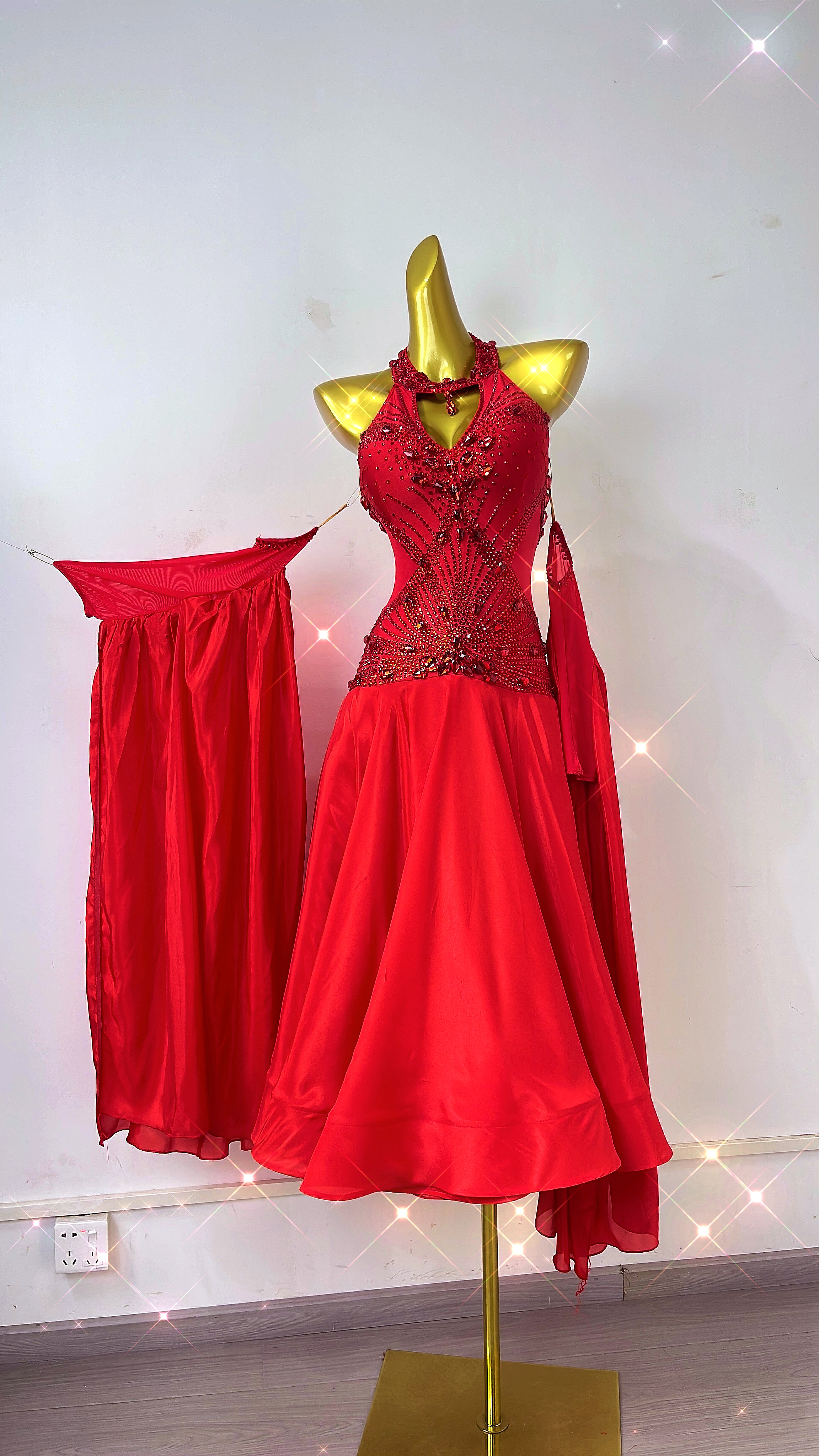 舞依阁新款大红色珍珠丝面料摩登舞裙国际舞裙交谊舞华尔兹高定