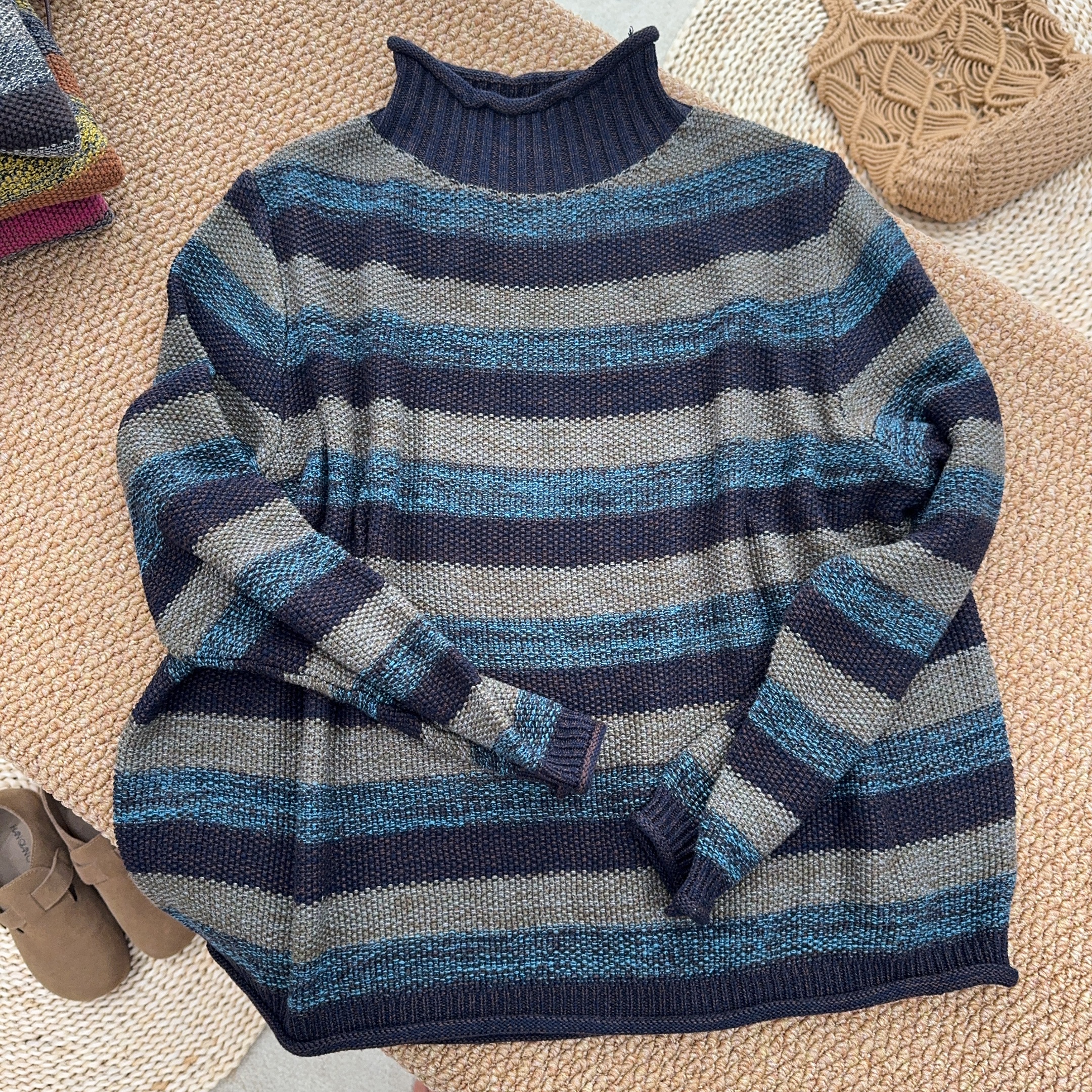 【萍姐推荐】冬季复古文艺半高领条纹休闲长袖针织时尚套头衫