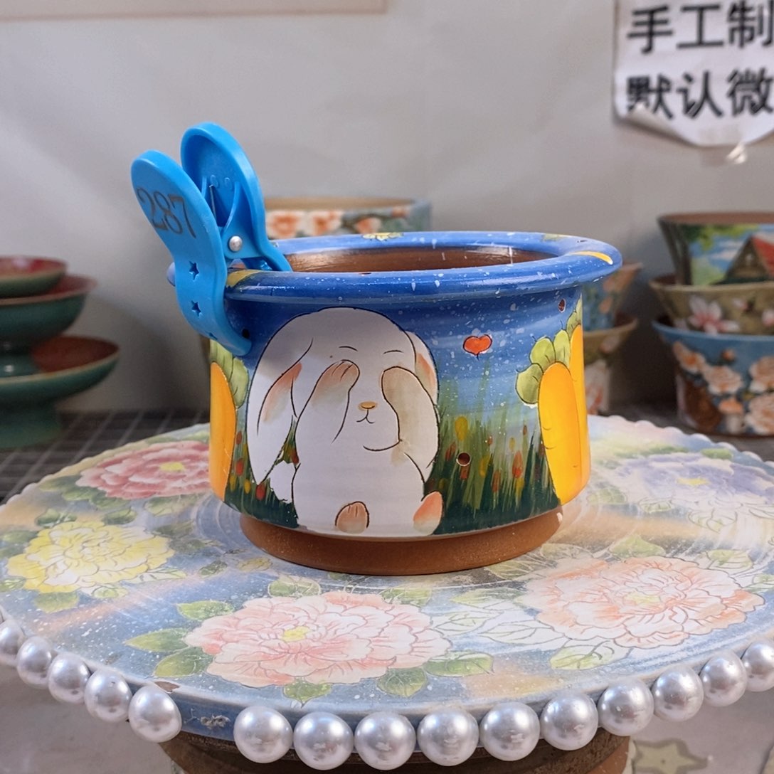 紫砂花盆红陶手绘花盆