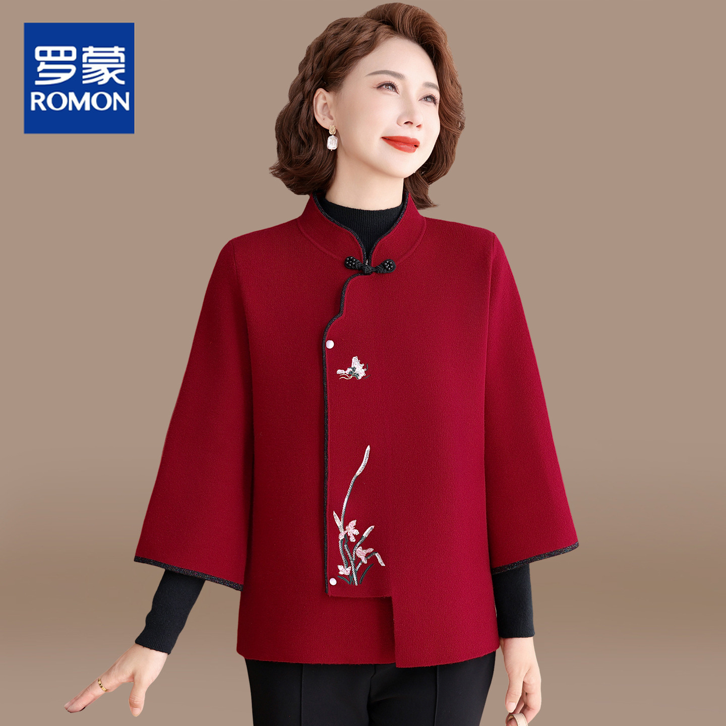 喜婆婆婚宴装妈妈秋装针织外套中老年结婚礼服春秋国风毛呢上衣女