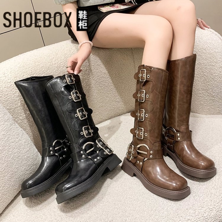 达芙妮集团鞋柜新款粗跟马丁靴女不过膝长筒靴西部靴子骑士时装靴