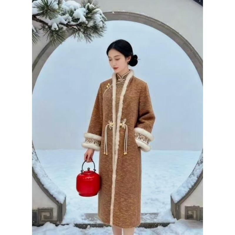 欣玥 冬季新款复古时尚国风中式长款旗袍大衣外套，A102983