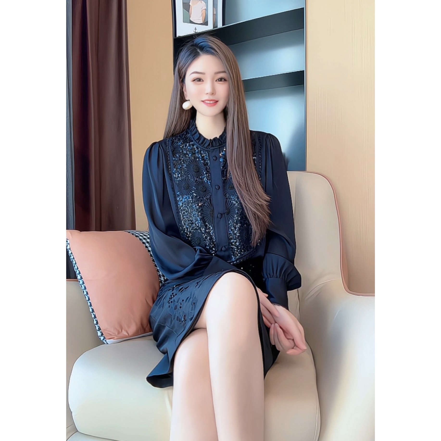 【深圳米熙儿】秋冬加厚亮片拼接时尚衬衫25054