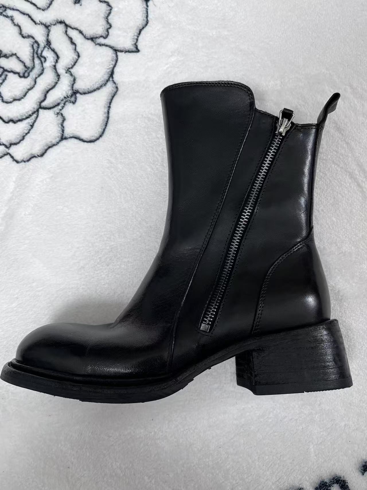 金属圆头冬季切尔西靴瘦瘦靴平底时装靴方头百搭女靴