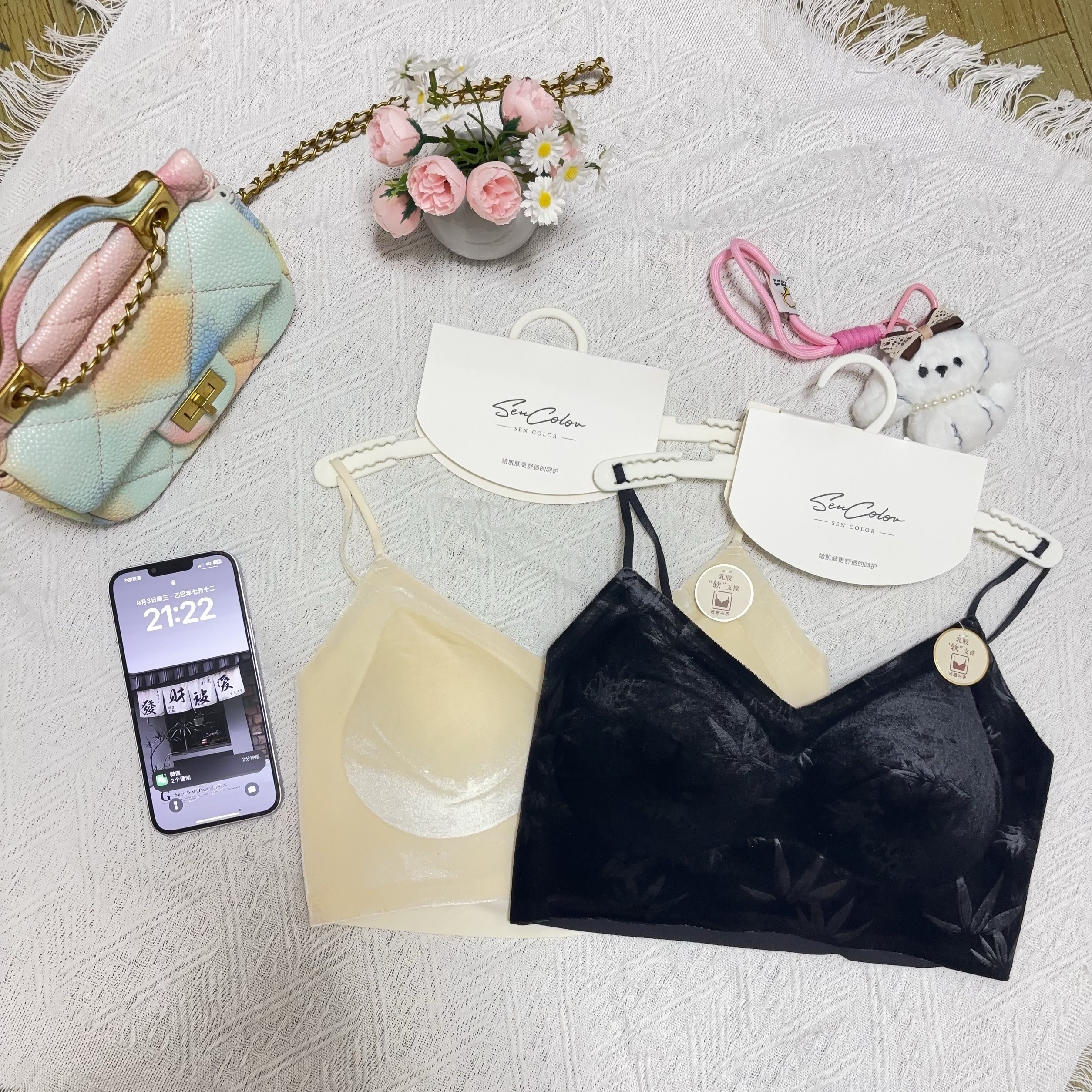 M082纯欲辣妹发财被爱款乳胶胸垫美背吊带背心女夏季修身短款上衣