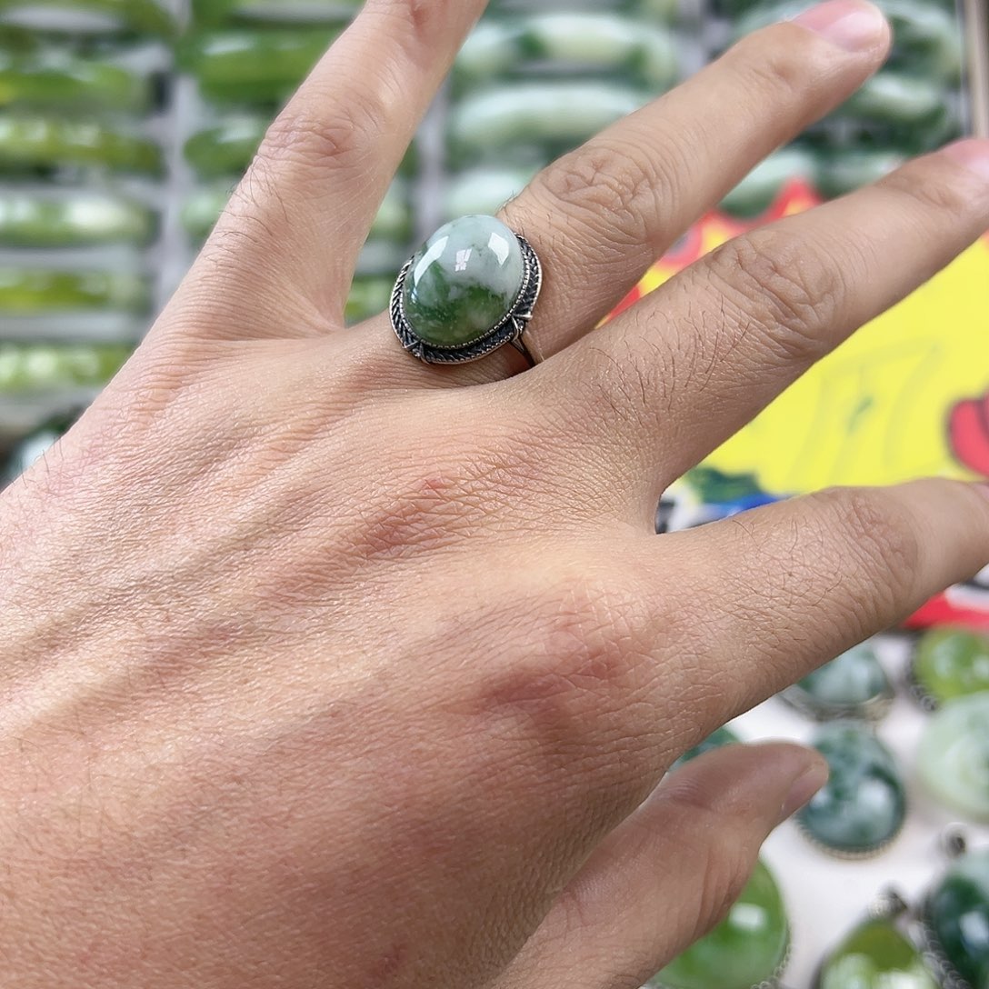 蛇纹石玉银S925镶嵌戒指