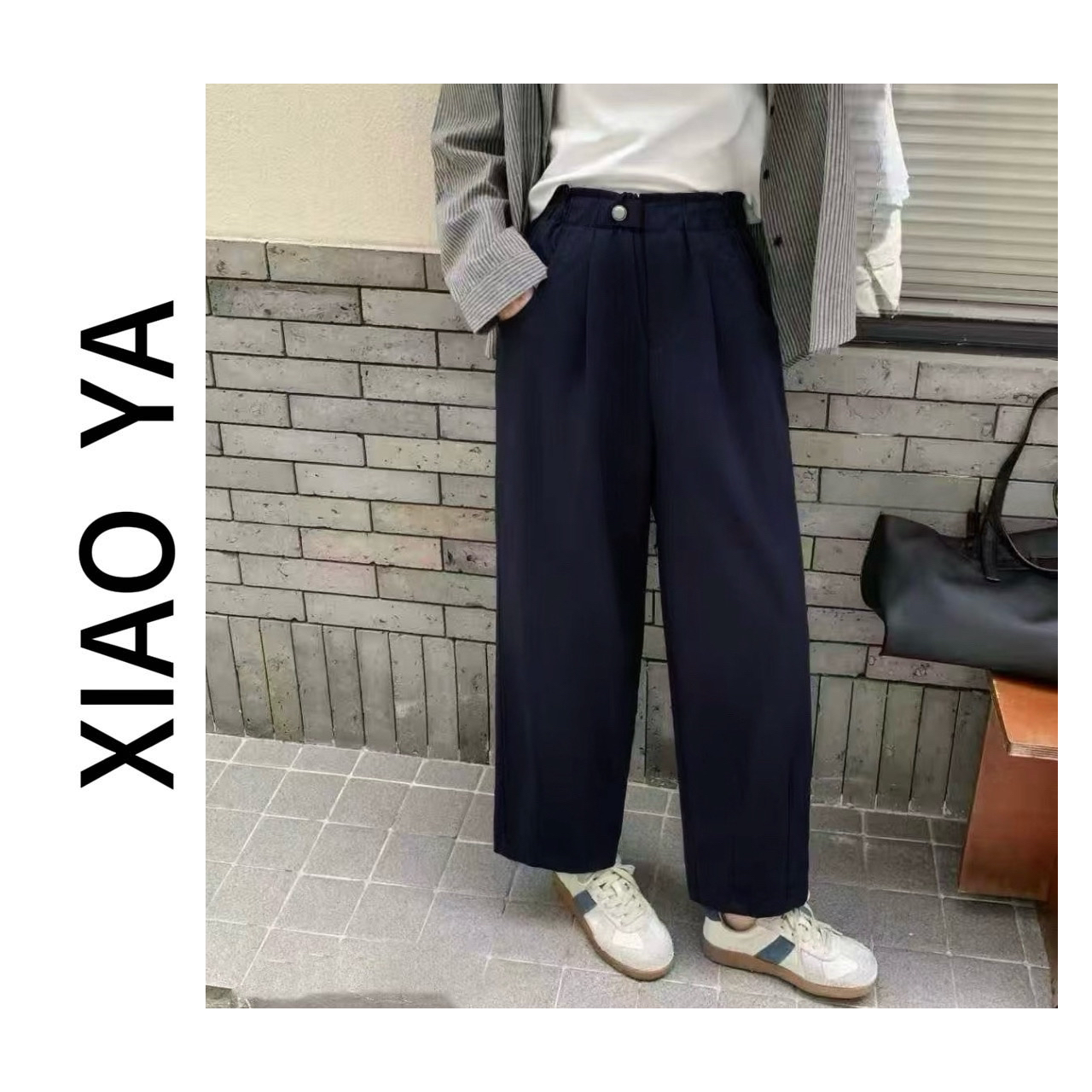 7088秋季新款韩版简约一粒扣九分显瘦百搭花苞裤(裤长92)