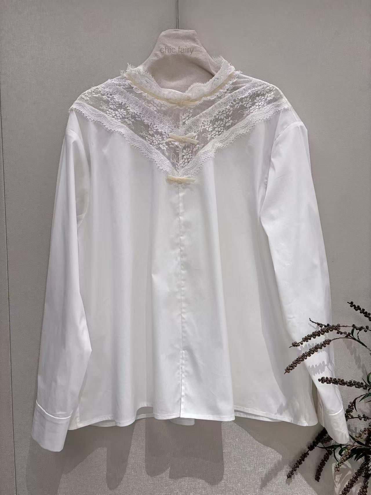CHIC FAIRY【雾里看花】新款百搭设计款蝴蝶结蕾丝衬衫