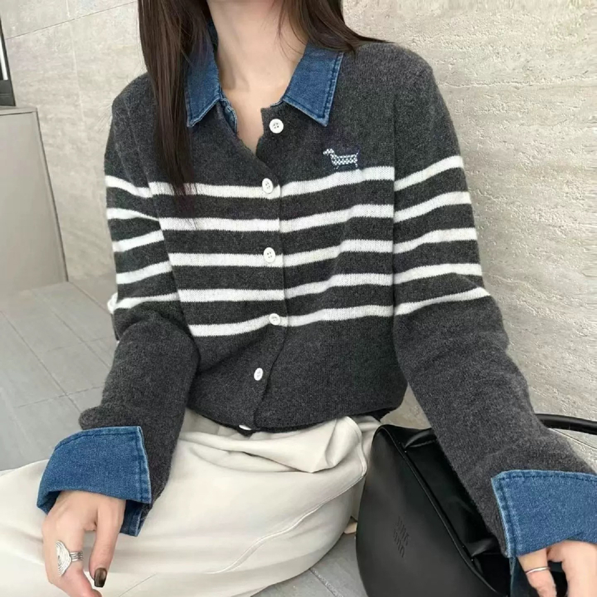 兰兰家牛仔拼接毛衣上衣冬季条纹翻领宽松开衫时尚厚款女装