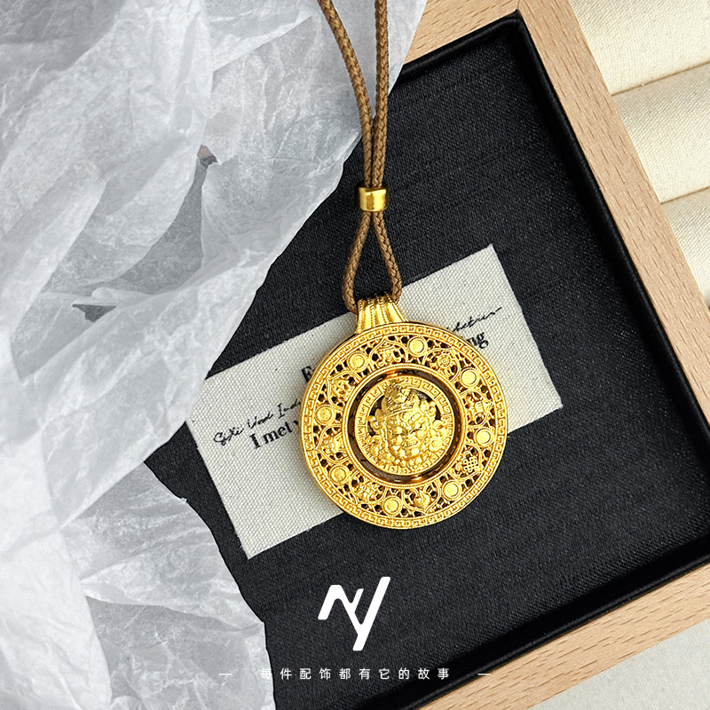 合金吊坠 《旋转黄财神八宝罗盘吊坠》新中式设计感古法金项链