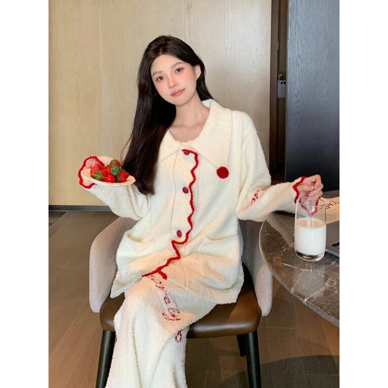 【字母绣花】韩版半边绒睡衣女款冬季加厚针织开衫长裤家居保暖套装