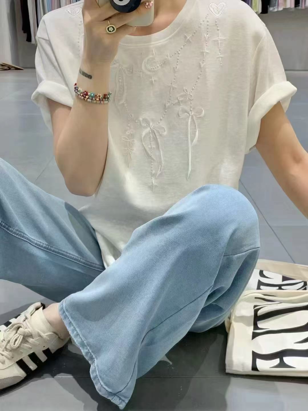 小雅姐姐  夏季新款甜美蝴蝶结短袖T恤IY28