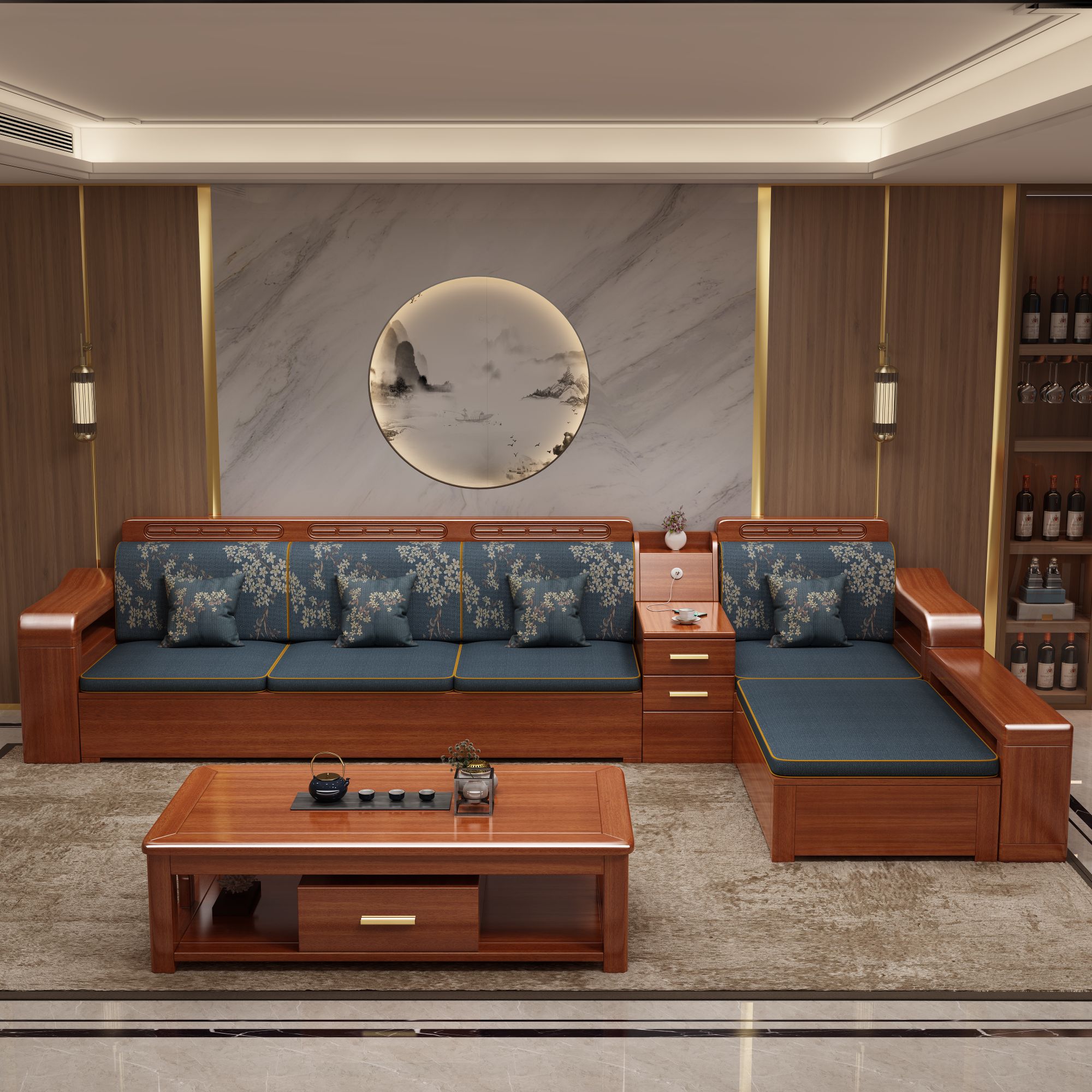 轻奢大客厅沙发新中式面料工艺中式实木沙发沙发家用成套经济型