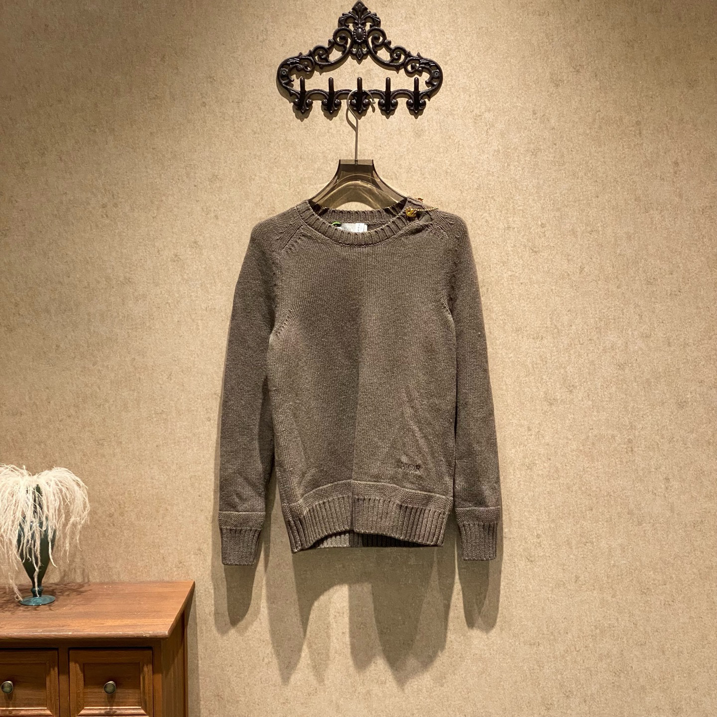 99新 DIOR/迪奥 棕色小蜜蜂刺绣字母logo羊毛针织毛衣/xs码/41695