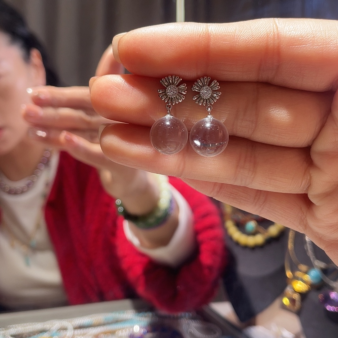水晶耳饰银S925镶嵌大气款