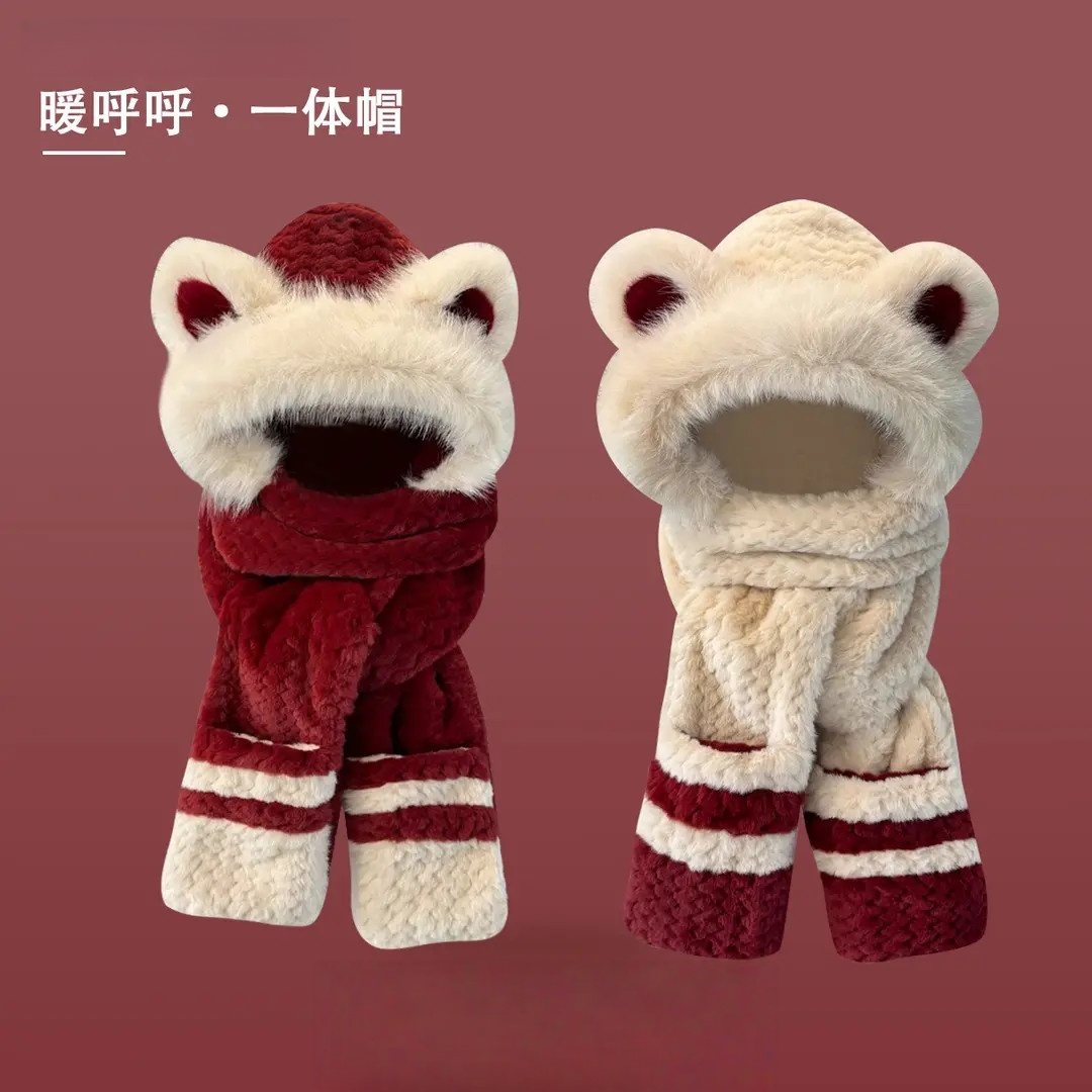 可爱小熊耳朵帽子围巾手套一体防寒保暖女秋冬加厚毛绒护耳骑车帽