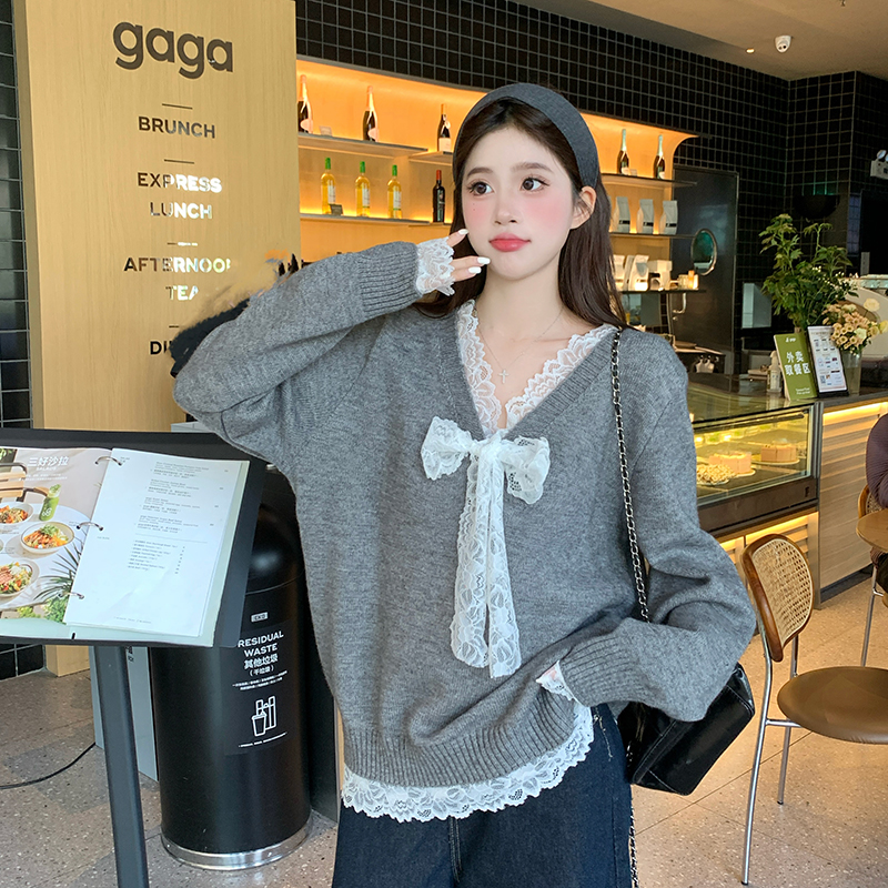大码胖mm改良正肩V领蕾丝蝴蝶结长袖毛衣套头内搭针织衫韩版8012