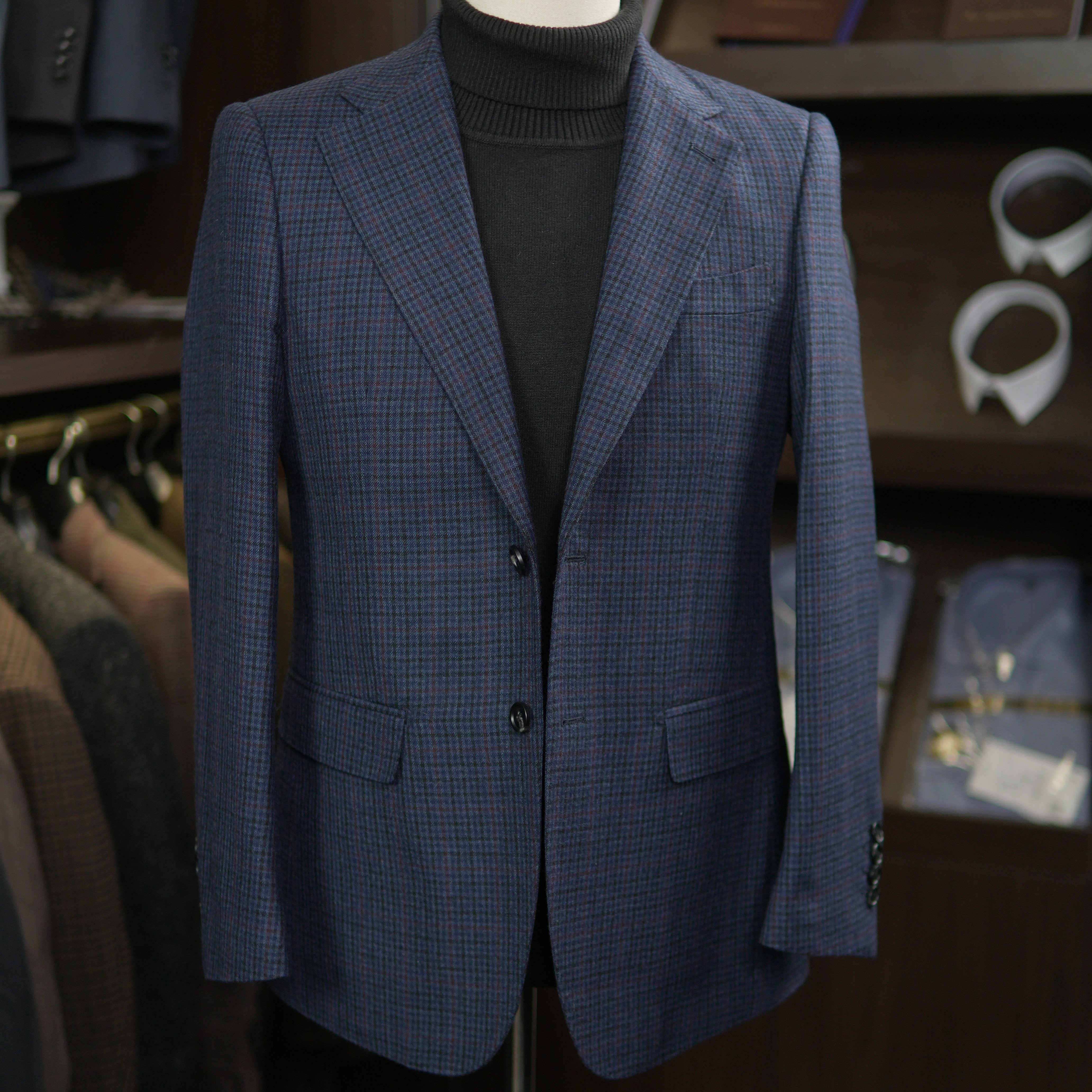 莫纳德琉璃蓝红线格纹小维系格时尚休闲修身西服上衣男士西装外套